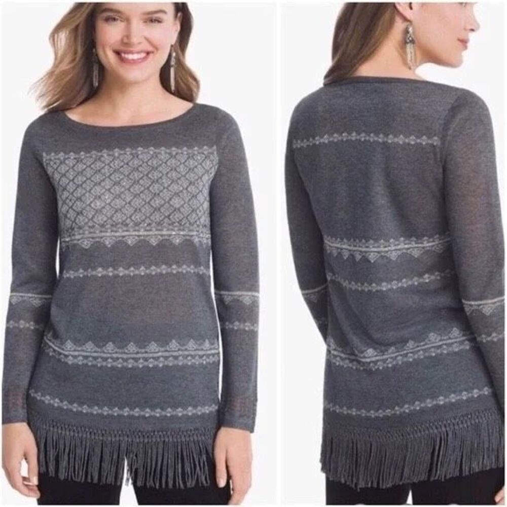 White House Black Market tunic top Rayon blend fringes long sleeves Grey m